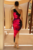 Elora Hot Pink Placement Floral Asymmetric Midi Dress