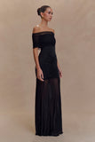 Caspian Slinky And Mesh Off Shoulder Maxi Dress Black