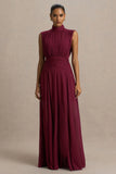 Melanina Burgundy High Neck Maxi Dress With Ruched Detailing