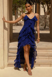 Marlee Blue Chiffon Plunge Neck High Low Maxi Dress