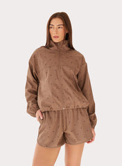 Brown Polka Dot Funnel Neck Track Jacket
