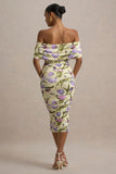 Rayleigh Tulip Floral Print Bardot Ruched Midi Dress