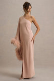 Armina Blush Pink One Shoulder Feather Trim Maxi Dress