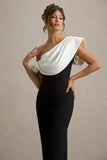 Angelina Black White Draped Shoulder Maxi Dress
