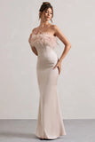 Dress For It Champagne Satin Feather Trim Bandeau Maxi Dress
