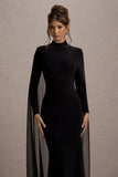 La Nuit Black High Neck Long Sleeve Maxi Dress With Cape
