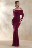 Brisea Burgundy Bardot Neck Maxi Dress