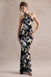 Tuscany Black Floral Print Halter Neck Split Maxi Dress