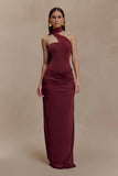 Mattea Slinky And Mesh Maxi Dress With Scarf Burgundy