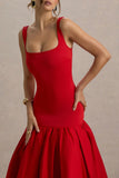 Parida Red Poplin Drop Waist Midi Dress With Peplum Hem