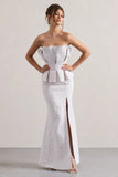 Kaleido White Lace Strapless Ruffled Split Maxi Dress