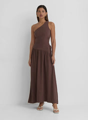 Brown Linen One Shoulder Cut Out Detail Dress