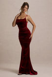 Adele Berry Velvet Ruched Strappy Fishtail Maxi Dress