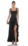 Satin Ruched Ruffle Slit Maxi Dress in Black