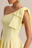 Meria Lemon Asymmetric Neck Midi Dress With Bow Sleeve