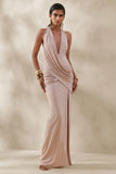 Junia Champagne Plunge Neck Wrap Maxi Dress