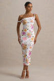 Nora Peach And Lilac Floral Twisted Asymmetric Midi Dress