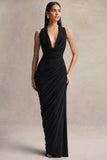 Desiree Black Plunge Neck Maxi Dress With Draped Detailing