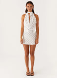 Avalia Backless Scarf Mini Dress White Polka Dot