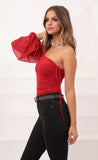 Orion Sheer Sleeve Ruched Bodysuit in Red