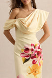 Adrina Hot Pink Lemon Floral Print Draped One Shoulder Midi Dress