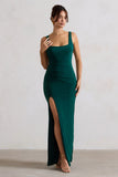 Kate Bottle Green Square Neck Maxi Dress with Plunge Back and Side Thigh Split
