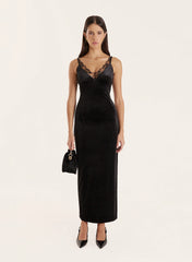 Black Velvet Lace Trim Midaxi Dress
