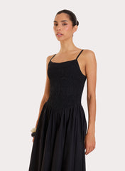 Black Shirred Cotton Maxi Dress Milano
