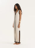 Ecru Knitted Contrast Trim Midaxi Dress