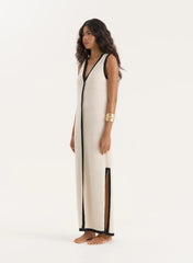 Ecru Knitted Contrast Trim Midaxi Dress