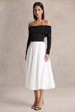 Frederica Black And White Bardot Neck Midi Dress