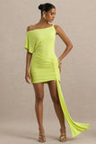 Marci Lime Green Asymmetric Ruched Mini Dress With Sash