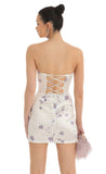 Satin Floral Lace Strapless Dress in White