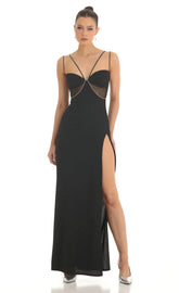 Rhinestone Crepe Cutout Maxi Dress in Black
