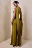 Charly Olive Matte Satin Bandeau Maxi Dress With Scarf Detail