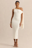 Arcelia Cream Asymmetric Neck Midi Dress With Knot Sleeve Detail