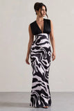 Azzara Zebra Print Satin Ruched V Neck Maxi Dress