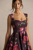 Magic Burgundy Floral Print Sweetheart Neck Mini Dress