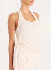 Cream Boucle Knit Draped Waist Sleeveless Top
