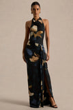 Sunflower Dark Lily Print High Neck Maxi Dress With Front High Split