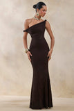 Afina Brown Lace Asymmetric Neck Maxi Dress