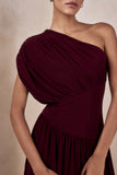 Kelsey Burgundy Asymmetric Neck Maxi Dress With Ruched Detailing