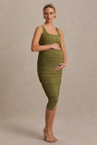 Lisbon Olive Maternity Square Neck Ruched Midi Dress