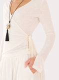 White Wrap Semi Sheer Long Sleeve Top