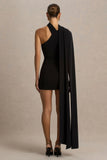 Arianne Black Asymmetric Neck Mini Dress With Scarf Detail
