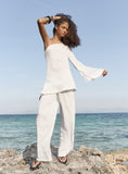 Cream Crinkle Tie Waist Straight Leg Trousers