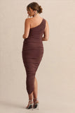 Late Night Brown Maternity Ruched One Shoulder Midi Dress