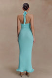 Melodie Halter Knit Maxi Dress Cyan Blue