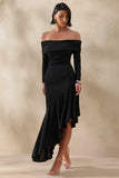 Goldara Black Bardot Neck Maxi Dress With Ruffled Asymmetric Hem