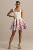 Gemstone Light Pink Floral Print Square Neck Skater Mini Dress